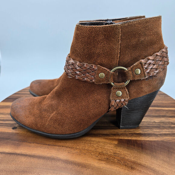 Boc Born Boots Women's 8.5 M Brown Suede Leather Harness Braided Heeled Booties - Picture 3 of 9